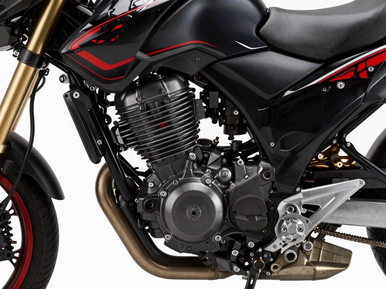 Close-up of a clean Honda motorcycle engine, highlighting precision metallic finishes under high-contrast studio lighting.