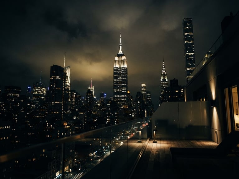 Cinematic low-angle shot of the New York City skyline at midnight, shrouded in a subtle golden haze and deep shadows, 35mm anamorphic lens, high-contrast chiaroscuro, luxury penthouse perspective.