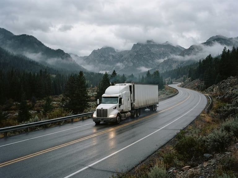 Wide environmental shot of a refrigerated semi-truck driving on an Idaho highway at dawn, crisp overcast morning light, desaturated steel tones, 35mm