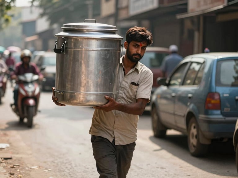 A volunteer carrying a large insulated container of hot food down a sunlit Nizamabad street