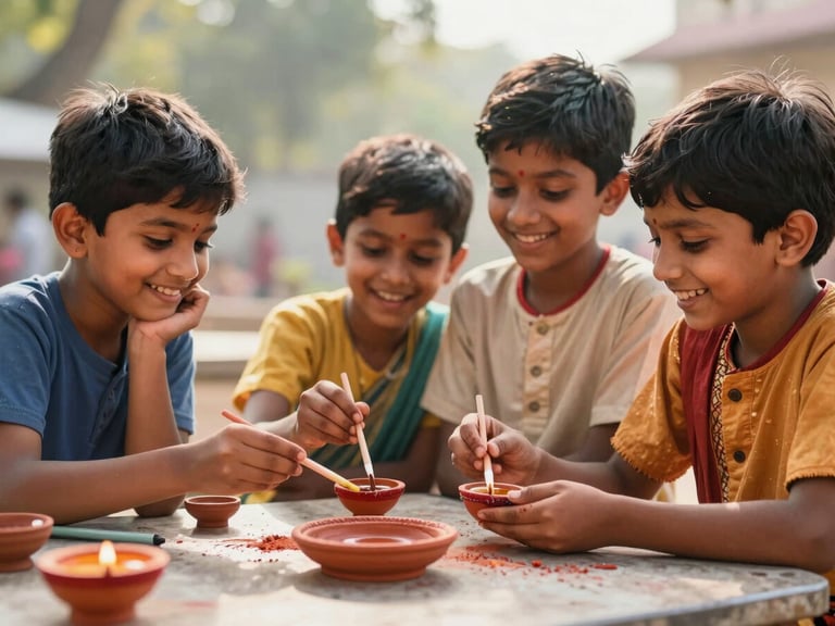 Joyful Indian children painting traditional clay lamps, smiling, soft natural morning light, vibrant colors.