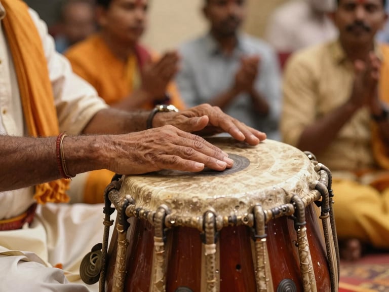 Close-up of hands playing a traditional clay mridanga drum, warm temple glow, soft focus background of devotees chanting.