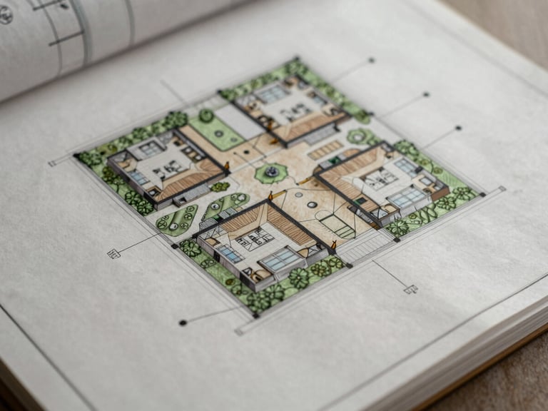 Close-up of a detailed architectural blueprint or site plan with annotations, soft overcast daylight, muted earth tones, high-end real estate