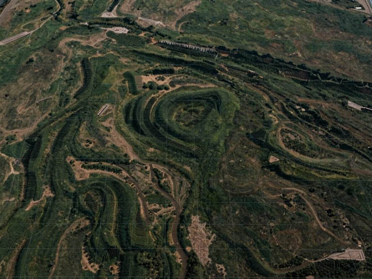 Wide shot of undeveloped land with clear topography and faint grid lines overlaid, under soft overcast daylight, muted earth tones and deep greens, high-end real estate