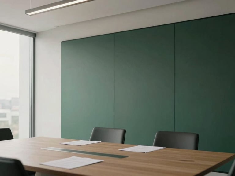 Interior of a modern, minimalist office with clean lines and natural light, a conference table with documents, no people, soft overcast daylight, muted earth tones and deep greens, high-end real estate