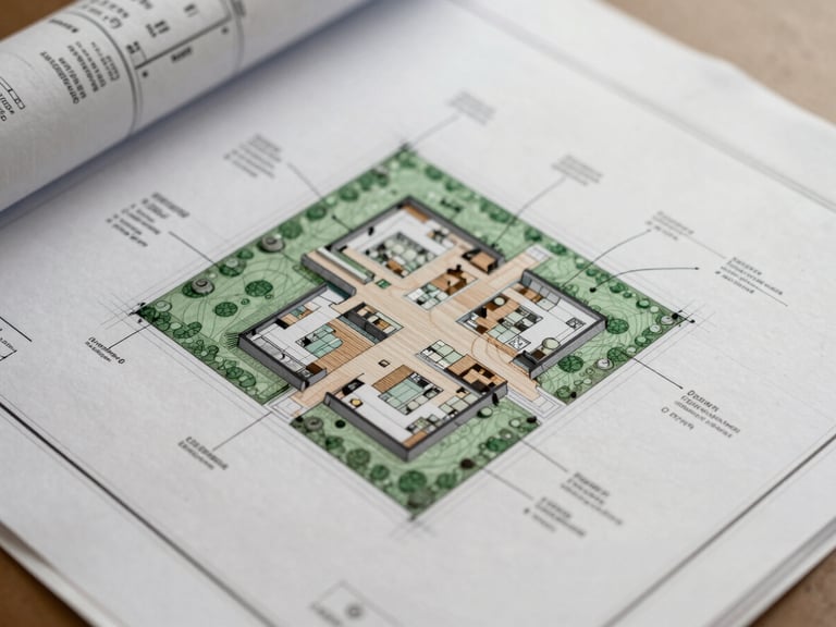 Close-up of a complex architectural blueprint or site plan with detailed annotations and calculations, soft overcast daylight, muted earth tones and deep greens, high-end real estate