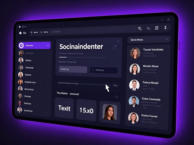 High-fidelity UI mockup of a dark mode social media generator dashboard, glowing neon violet backlighting, crisp vector interface with active text cursor.