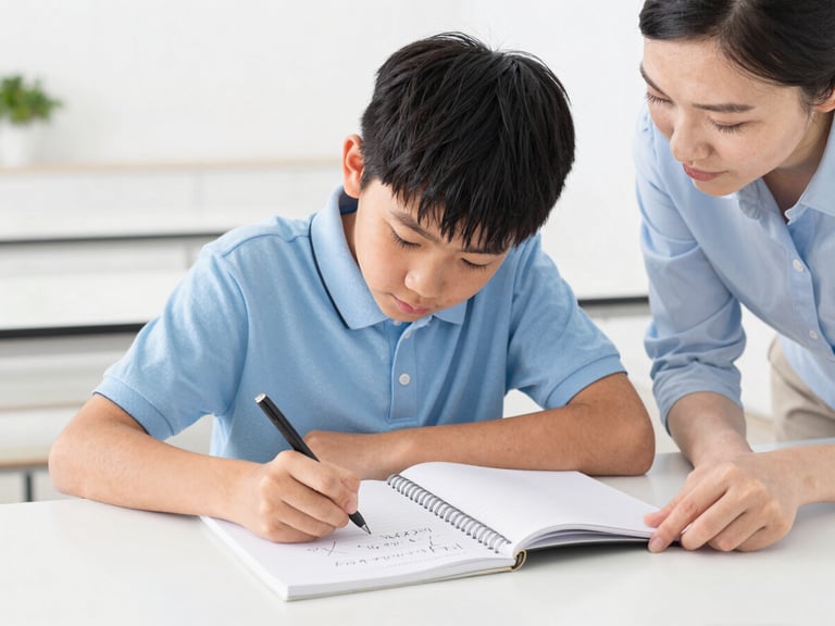 A focused high school student solving a physics equation in a clean notebook with a professional tutor guiding them, bright daylight, 35mm