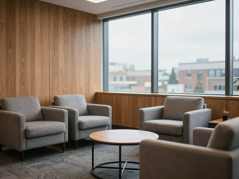 Interior of a modern consultation room in Brampton, warm wood accents, comfortable seating, soft overcast daylight through large windows, professional atmosphere