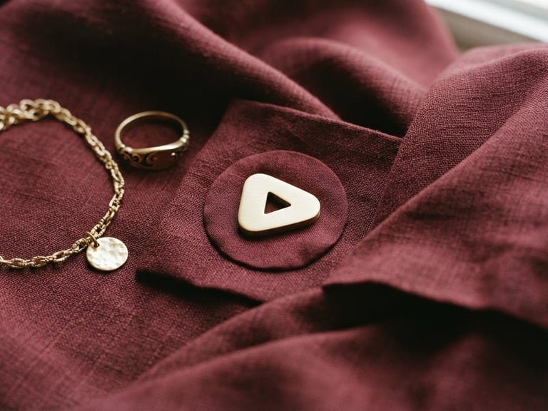 A close-up of a YouTube play button icon, subtly integrated into an elegant flat lay of silk fabric and a gold accessory, soft natural window light, rich burgundy and gold tones, 35mm