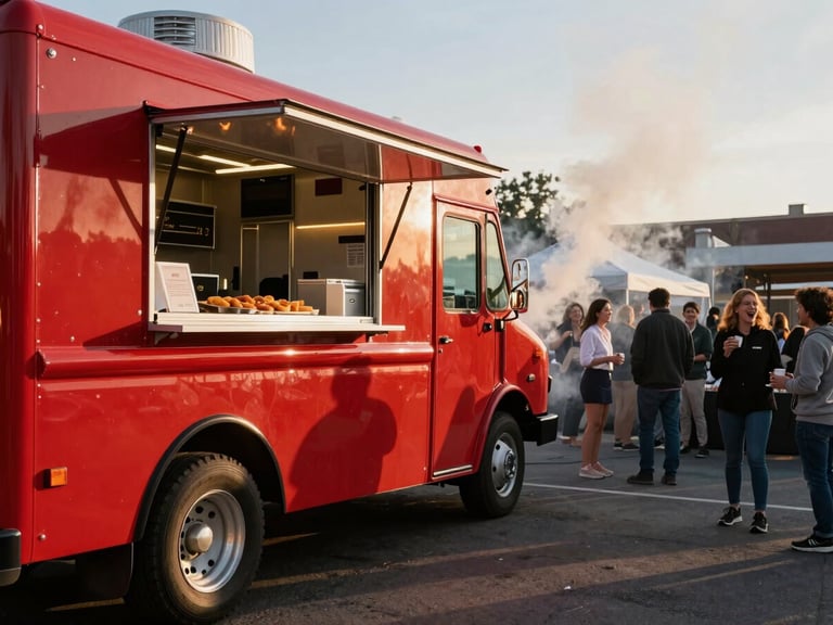 Dynamic wide-angle environmental shot of The Red Food Truck operating at a bustling outdoor corporate event in Salt Lake City, warm golden hour sunlight, active smoke rising, and guests laughing in the background.