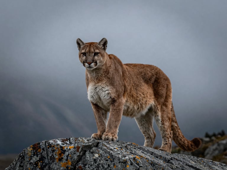 A wild puma perched on a granite ledge in Patagonia, misty overcast lighting, dramatic telephoto shot, deep rich tones