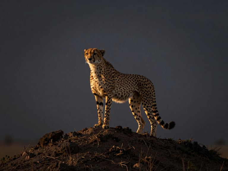 Cheetah scanning the savanna from a termite mound, dramatic golden hour backlighting, minimalist composition, deep charcoal tones