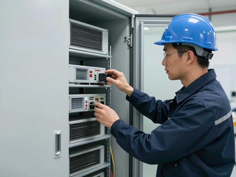 On-site engineer inspecting physical telecom hardware inside a clean utility room, natural daylight