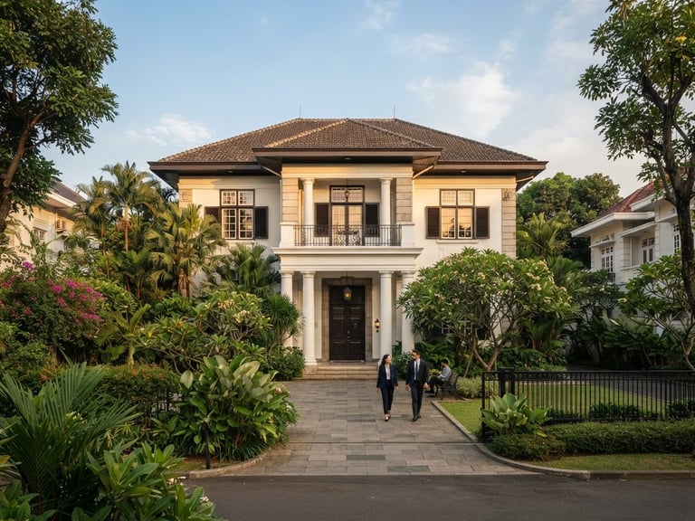 Dignified editorial photography of a classic colonial-style office building in Kebayoran Baru Jakarta, soft warm afternoon light, professional legal association headquarters, wide shot