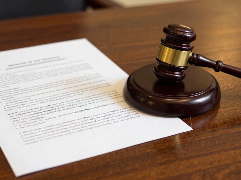 Dignified editorial close-up of legal documents and a wooden gavel on a polished mahogany table, warm gold accents