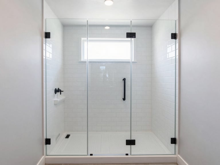 Bright modern bathroom remodel, straight-on wide-angle shot of a newly installed walk-in shower with white subway tile, clean glass enclosure, matte black fixtures, natural window light.