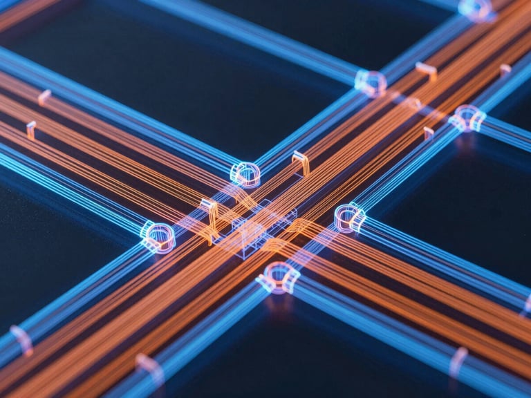 Macro close-up of a complex digital BIM model showing highly coordinated MEP pipe and duct intersections in neon blue and orange wireframes on a dark background