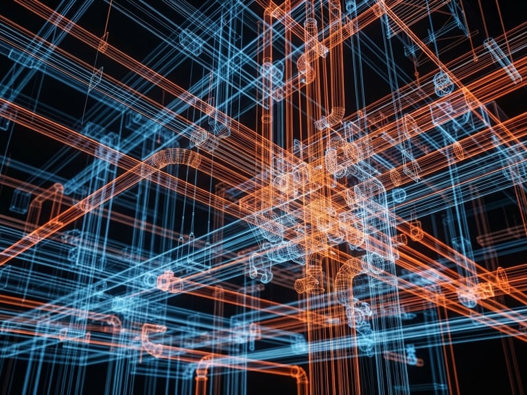 Macro close-up of a complex digital BIM coordinate model with intersecting 3D pipes in neon orange and blue wireframes, high contrast, technical blueprint style.