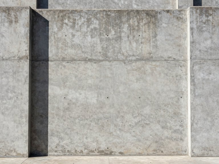 Symmetrical straight-on architectural shot of a massive concrete foundation wall, harsh natural sunlight casting sharp shadows, desaturated industrial tones, sharp focus.