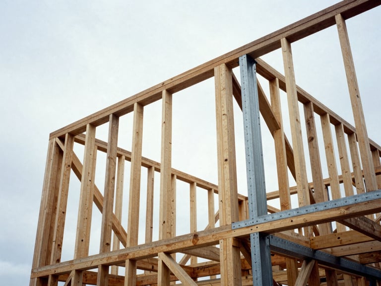Low-angle architectural photograph of heavy timber framing and exposed structural steel beams against a crisp overcast winter sky, high contrast, 35mm