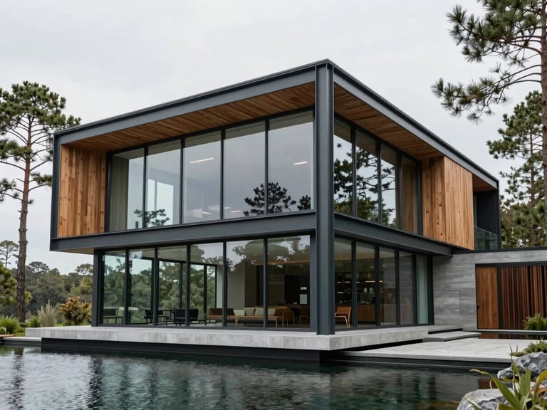 Finished modern home with expansive glass walls and a dark steel frame reflecting on the water, surrounded by pine trees, crisp overcast daylight.