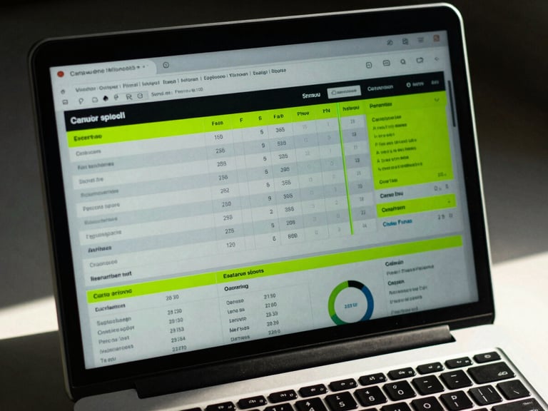 A close-up of a laptop screen displaying complex campaign schedules and analytics dashboards, direct harsh sunlight, neon green highlights