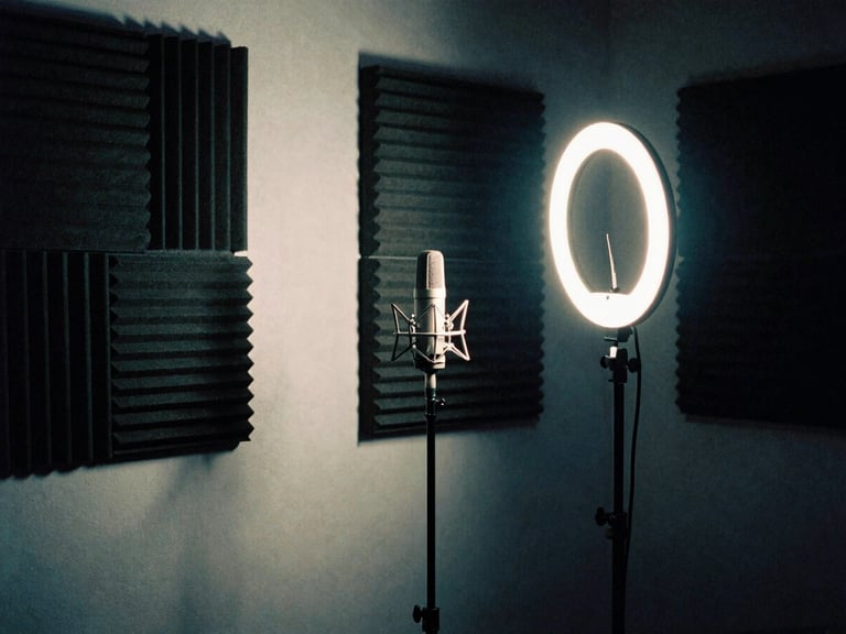 A raw, dimly lit creator studio setup with a ring light, microphone, and acoustic panels, high-contrast shadows, 35mm film grain