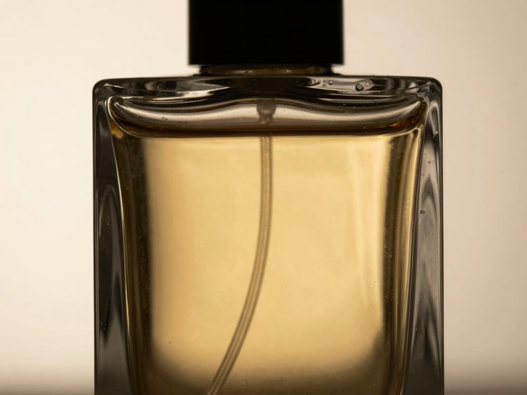 Macro of heavy glass perfume bottle reflecting light, golden-hour rim lighting, dark studio reflections