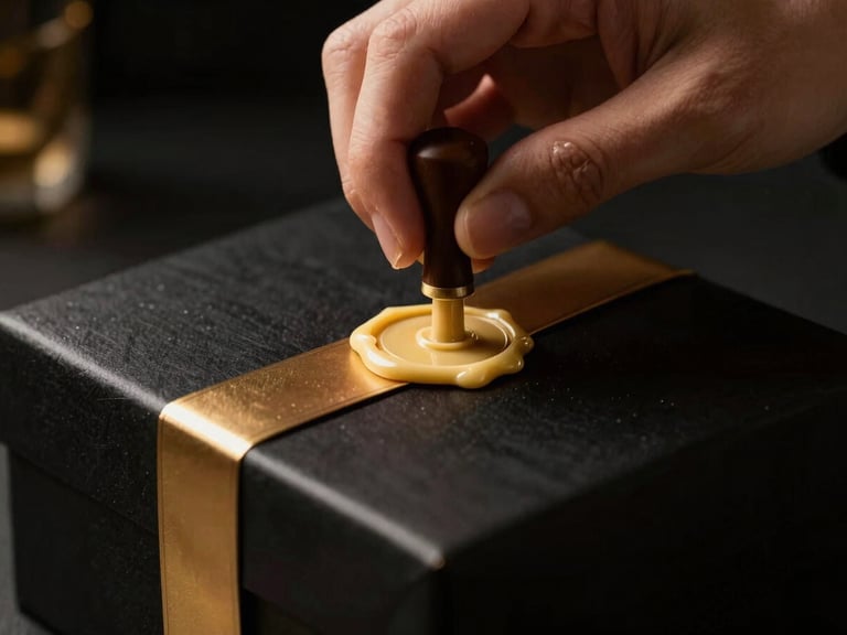 Close-up of hands applying wax seal to a premium black gift box, warm gold accents, dramatic chiaroscuro lighting
