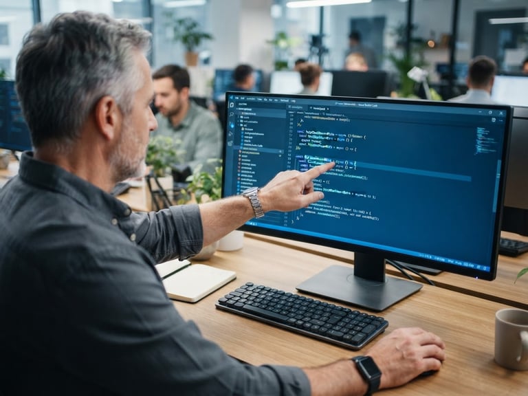 Over-the-shoulder view of a senior engineer pointing at a clean code editor with subtle blue screen glow, sharp focus, 35mm lens