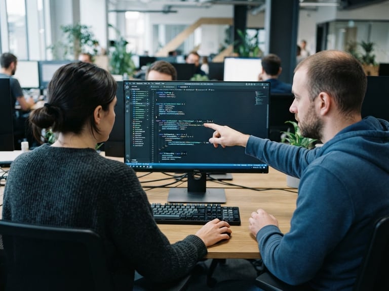 Over-the-shoulder perspective of pair programming, clean monitors displaying complex code, subtle blue screen glow, crisp editorial tech photography, 35mm lens