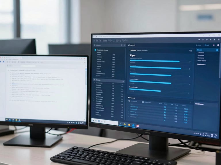 A clean developer workspace with terminal windows and API monitoring dashboards, cool blue screen glow, sharp focus