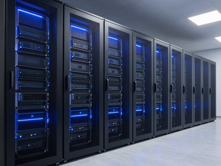 Sleek corporate technology photography, wide-angle architectural shot of a secure server facility with cool blue LED lighting and slate tones, sharp focus, 35mm