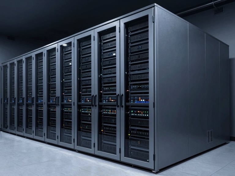 Sleek architectural shot of a secure corporate data facility, low-key lighting, slate-gray tones, high-contrast, 35mm
