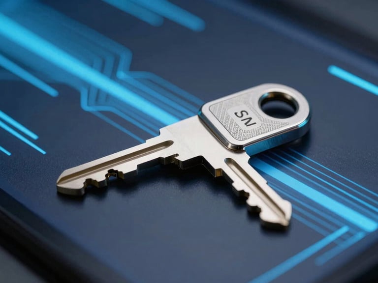 Close-up of secure hardware keys and abstract data streams on a dark screen, cool blue LED lighting, sharp focus, 35mm