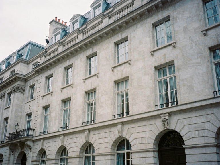 Wide environmental shot of London's Mayfair architectural facade, soft overcast daylight, structured stone textures, desaturated cool tones, 35mm film style.