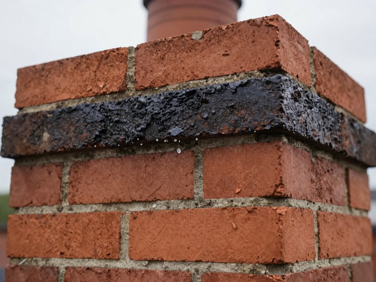 Macro shot of a chimney brick being treated with a waterproofing seal, droplet visible, natural overcast daylight, sharp focus, 35mm lens