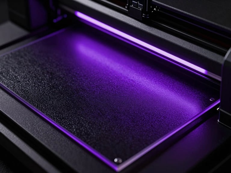Extreme close-up of a UV flatbed printer curing vibrant purple ink on a sheet of textured black acrylic, neon purple light glow, dramatic low-key lighting
