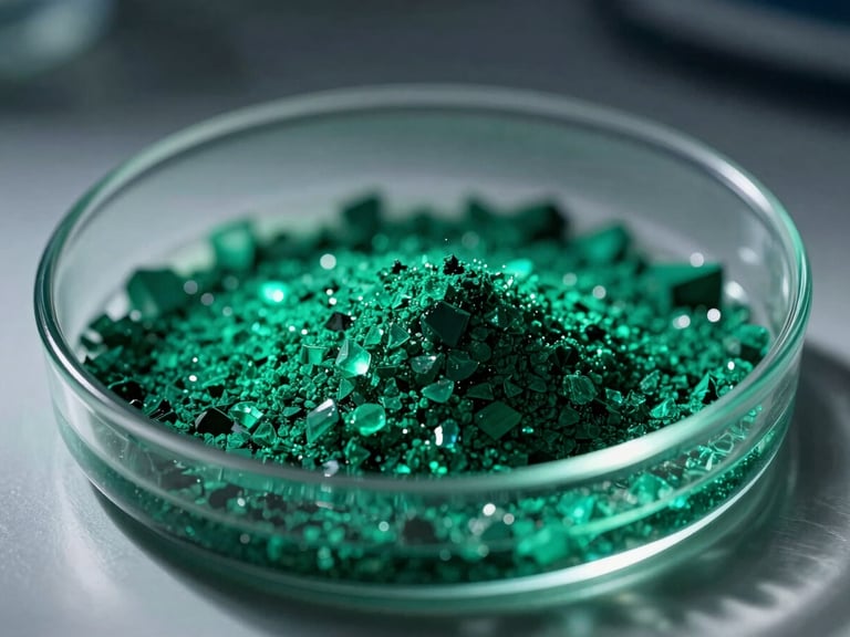 Macro close-up of pure crystalline emerald green dye pigments in a petri dish, high-contrast dramatic laboratory lighting, shallow depth of field, 35mm.