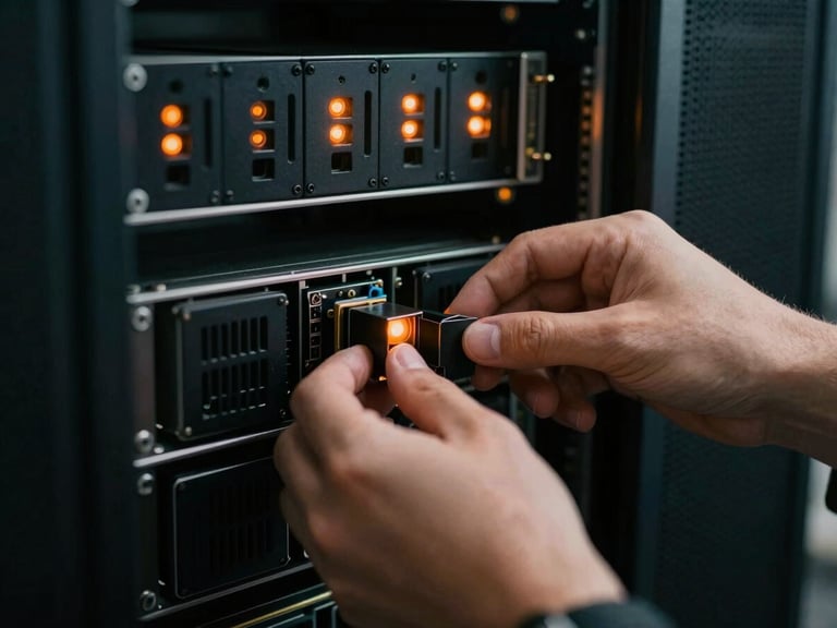 Close-up of hands configuring physical high-performance server hardware in a dark room, sharp orange indicator lights, moody editorial photography