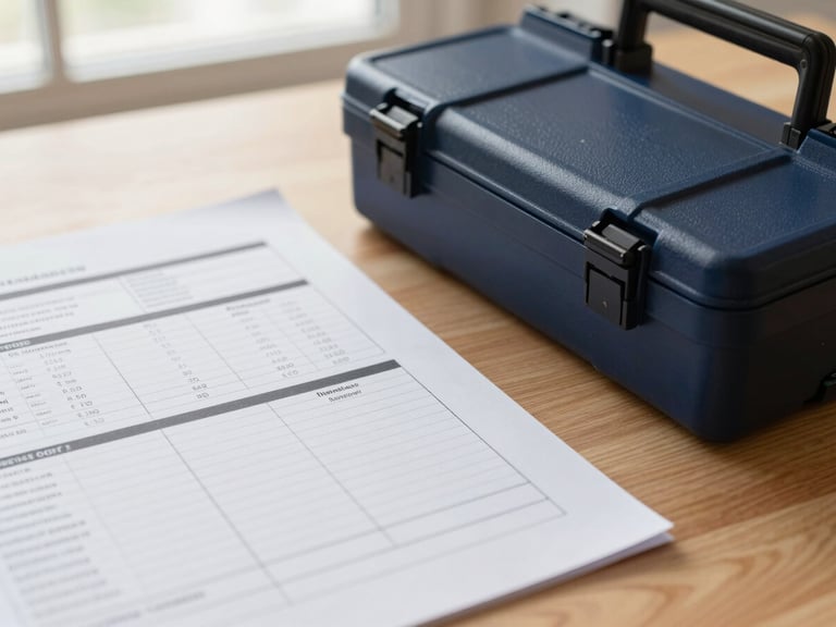 Close-up of structured business documents and a physical tender toolkit on a wooden desk, soft natural light, professional setting.