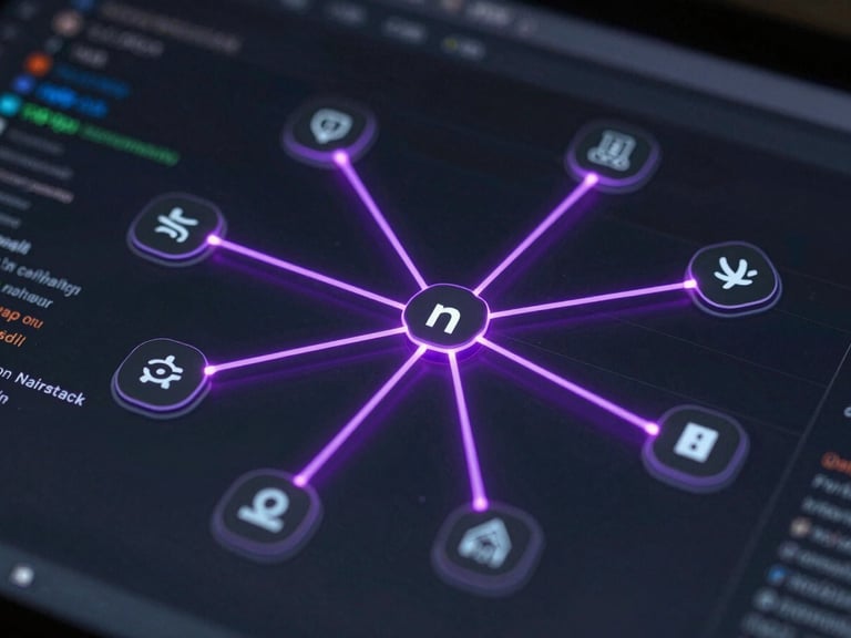Close-up macro shot of a node-based automation canvas like n8n, with glowing purple connection lines and API data blocks, dark cybernetic environment.