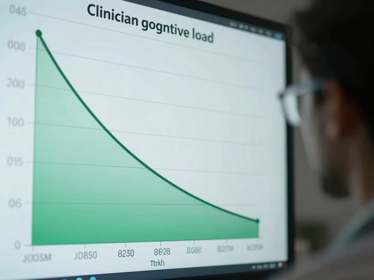 A clean, structured data visualization showing a downward curve of clinician cognitive load metrics over a twelve-month trial period, cool green accents