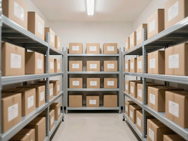 Bright well-lit commercial storage room with organized metal shelving units holding labeled inventory boxes, clean and high-trust atmosphere.