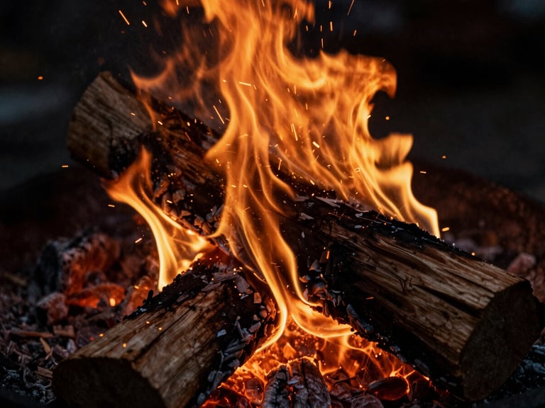 Moody editorial photography, close-up of glowing embers and orange sparks flying from a burning split oak log, deep rich shadows, warm amber tones, 35mm film