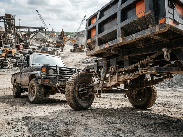 Low-angle heroic shot of a heavy-duty steel cargo trailer attached to a rugged utility vehicle, highlighting the reinforced chassis and robust suspension, high-contrast industrial lighting.