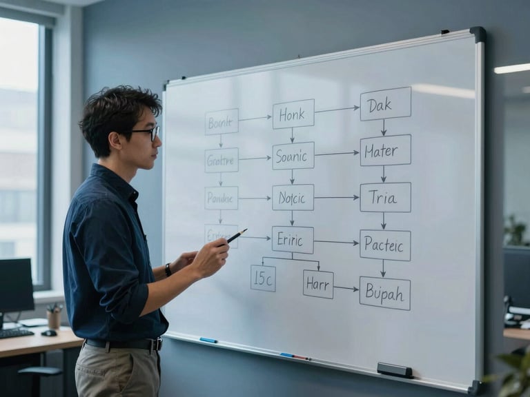 A candid medium shot of a software engineer whiteboarding a complex system architecture in a modern slate-colored office, soft blue-hour light, 35mm