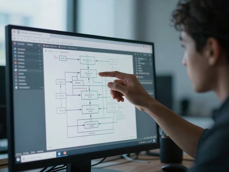 Close-up of a developer analyzing system architecture on a screen, cool blue-hour ambient tones, shallow depth of field, 35mm photography