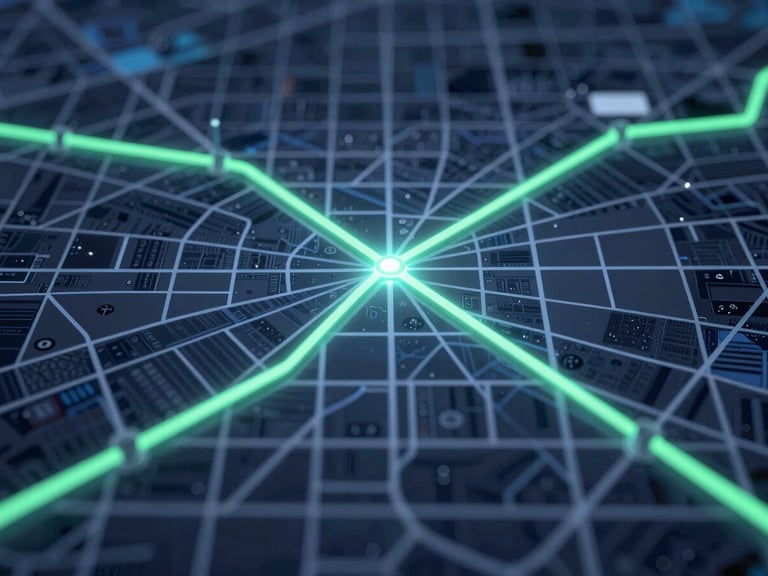 A crisp digital route map on a dark screen showing glowing green transit lines across a metropolitan grid, macro detail, cool blue tones